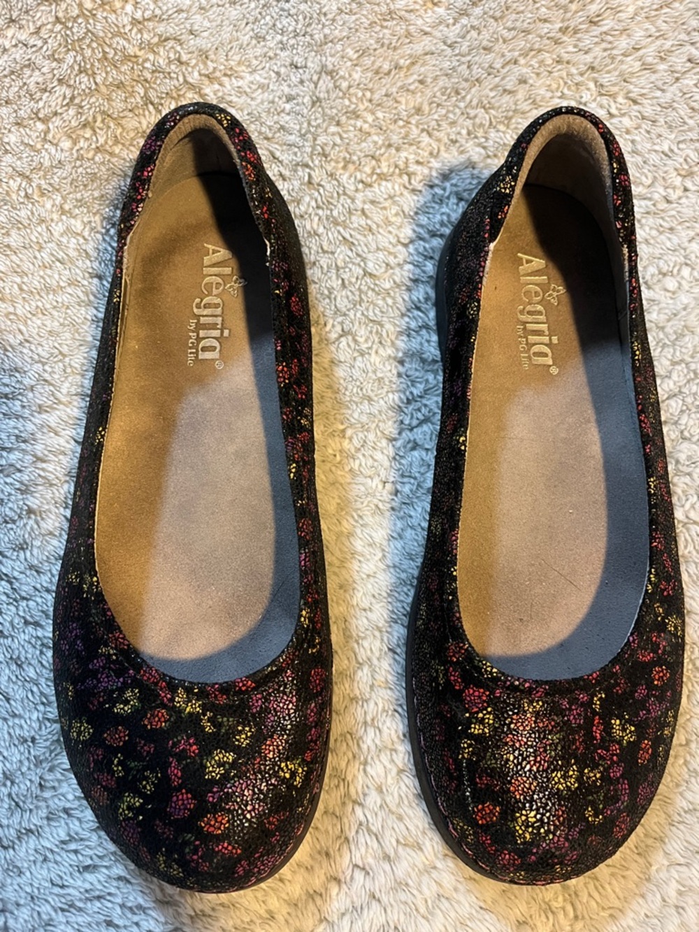 Alegria Black Ballet Flats with Pink and Gold Floral Print